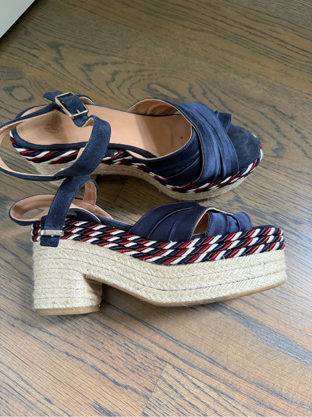 Castañer Espadrille Platform Sandals in navy satin and and red,blue and white.9